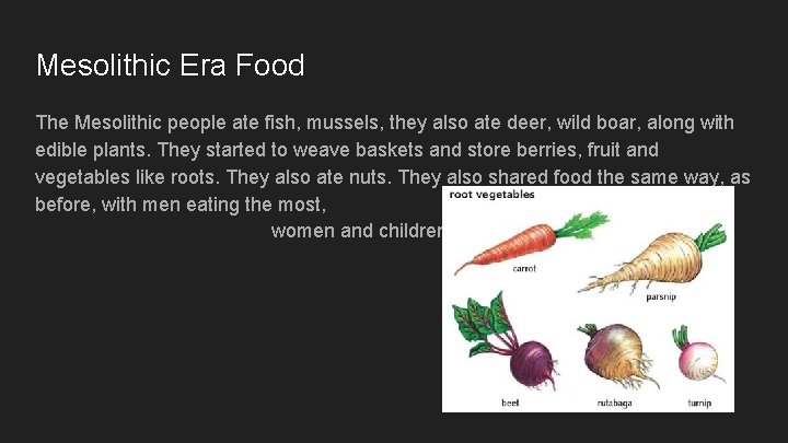 Mesolithic Era Food The Mesolithic people ate fish, mussels, they also ate deer, wild