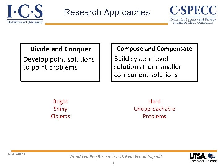 Research Approaches Divide and Conquer Develop point solutions to point problems Compose and Compensate