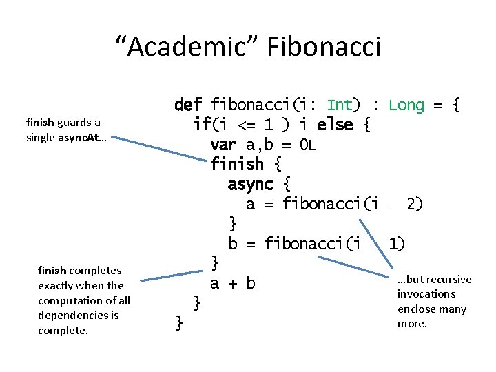 “Academic” Fibonacci finish guards a single async. At… finish completes exactly when the computation