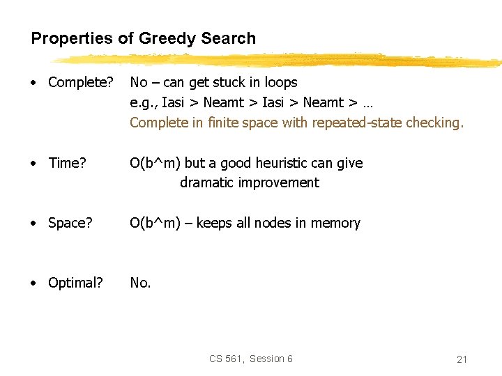 Properties of Greedy Search • Complete? No – can get stuck in loops e.