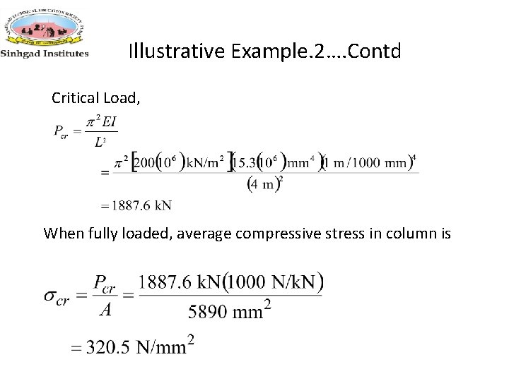 Illustrative Example. 2…. Contd Critical Load, When fully loaded, average compressive stress in column