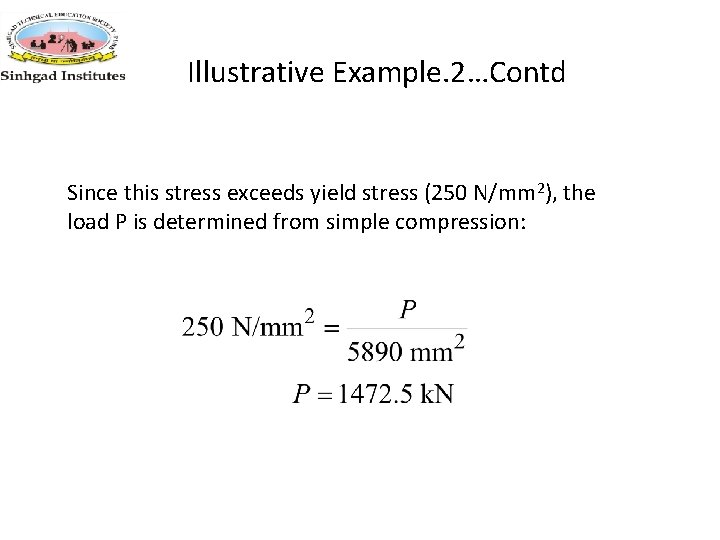 Illustrative Example. 2…Contd Since this stress exceeds yield stress (250 N/mm 2), the load