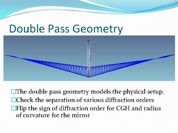 Double Pass Geometry �The double pass geometry models the physical setup. �Check the separation