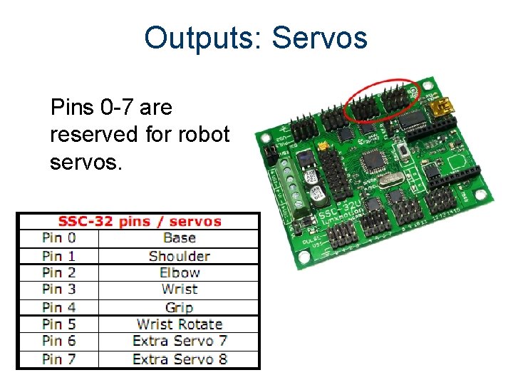 Outputs: Servos Pins 0 -7 are reserved for robot servos. 