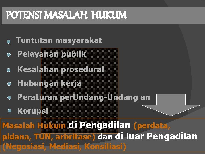 POTENSI MASALAH HUKUM Tuntutan masyarakat Pelayanan publik Kesalahan prosedural Hubungan kerja Peraturan per. Undang-Undang