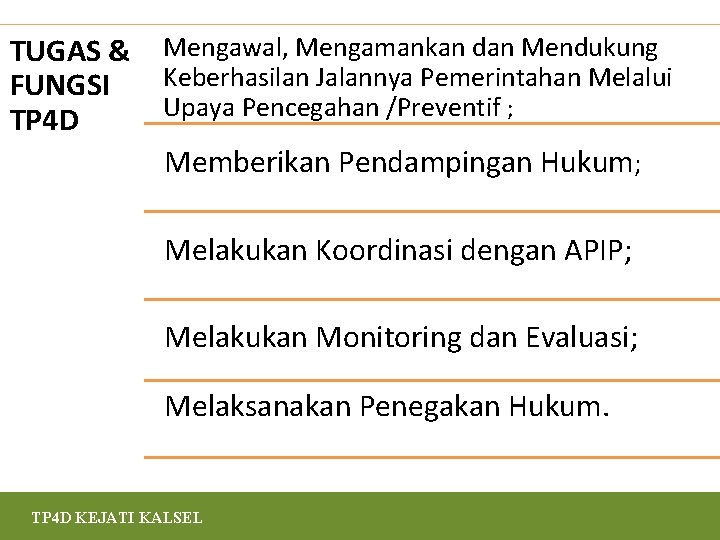 TUGAS & FUNGSI TP 4 D Mengawal, Mengamankan dan Mendukung Keberhasilan Jalannya Pemerintahan Melalui