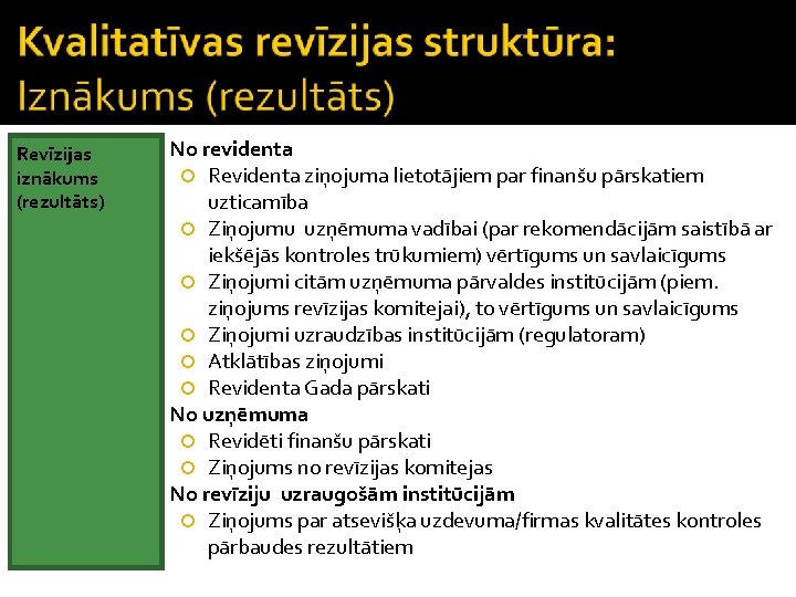 Revīzijas iznākums (rezultāts) No revidenta Revidenta ziņojuma lietotājiem par finanšu pārskatiem uzticamība Ziņojumu uzņēmuma