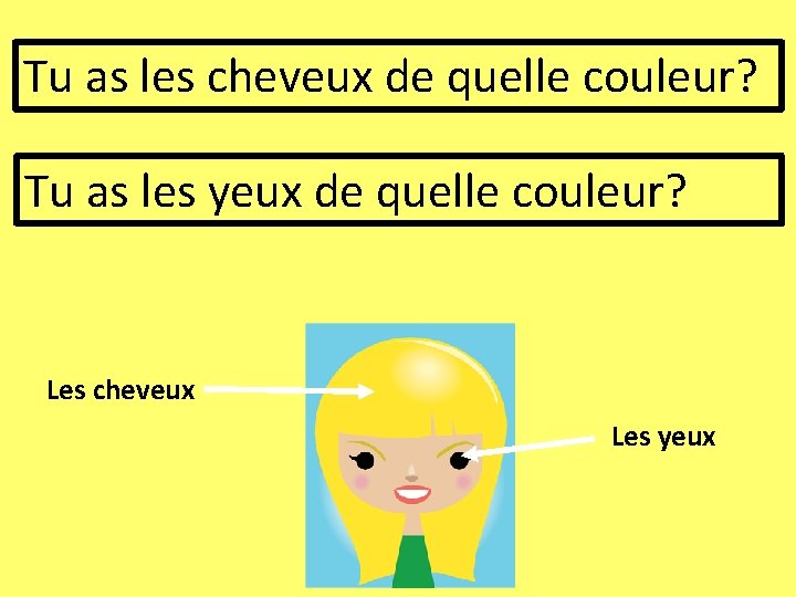 Tu as les cheveux de quelle couleur? Tu as les yeux de quelle couleur?