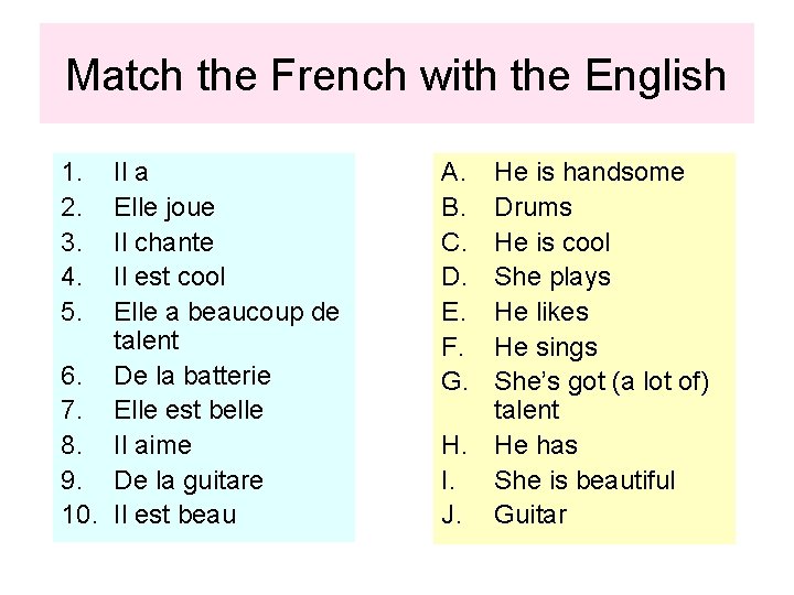 Match the French with the English 1. 2. 3. 4. 5. Il a Elle