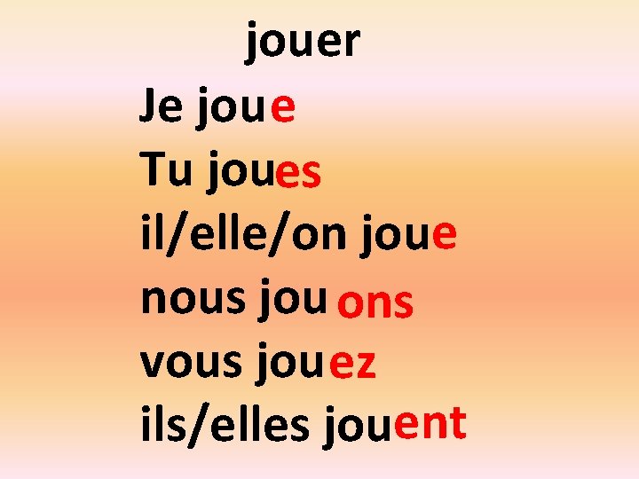 jouer Je jou e Tu joues il/elle/on joue nous jou ons vous jou ez
