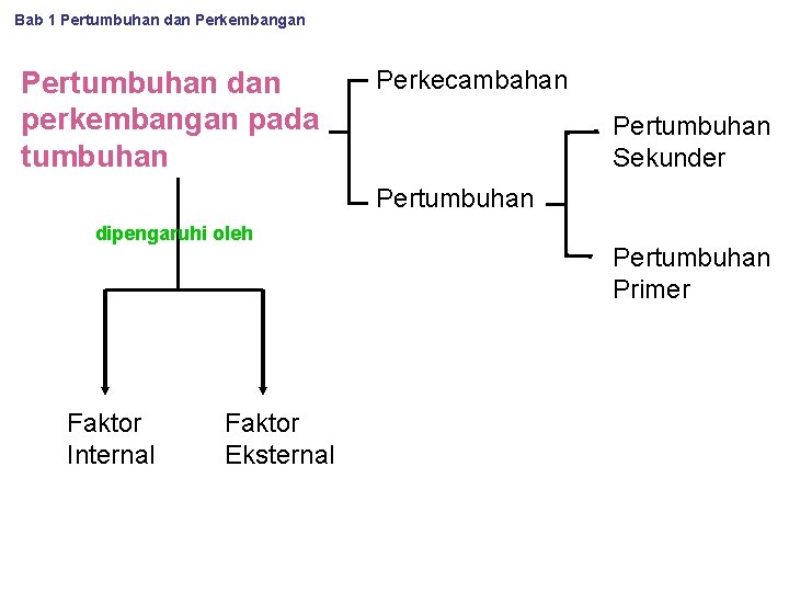 Bab 1 Pertumbuhan dan Perkembangan Pertumbuhan dan perkembangan pada tumbuhan Perkecambahan Pertumbuhan Sekunder Pertumbuhan