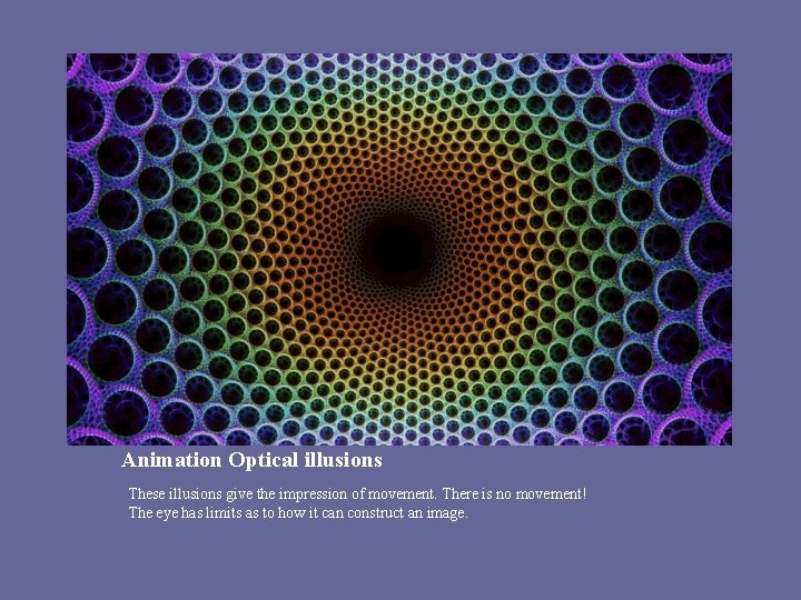 Animation Optical illusions These illusions give the impression of movement. There is no movement! Animation Optical illusions These illusions give the impression of movement. There is no movement!
