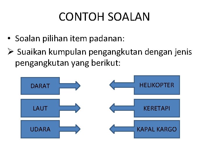 CONTOH SOALAN • Soalan pilihan item padanan: Ø Suaikan kumpulan pengangkutan dengan jenis pengangkutan