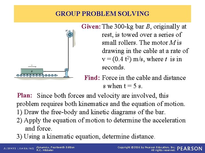 GROUP PROBLEM SOLVING Given: The 300 -kg bar B, originally at rest, is towed