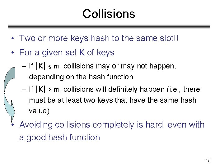 Collisions • Two or more keys hash to the same slot!! • For a