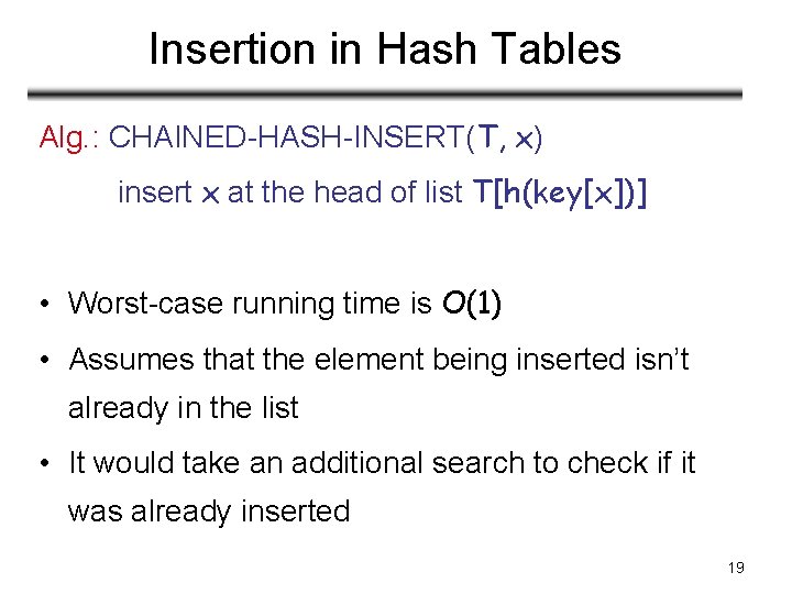 Insertion in Hash Tables Alg. : CHAINED-HASH-INSERT(T, x) insert x at the head of