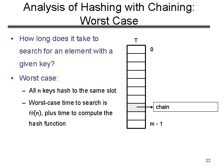 Analysis of Hashing with Chaining: Worst Case • How long does it take to