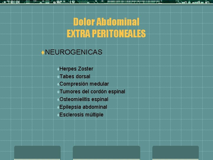 Dolor Abdominal EXTRA PERITONEALES t. NEUROGENICAS t. Herpes Zoster t. Tabes dorsal t. Compresión