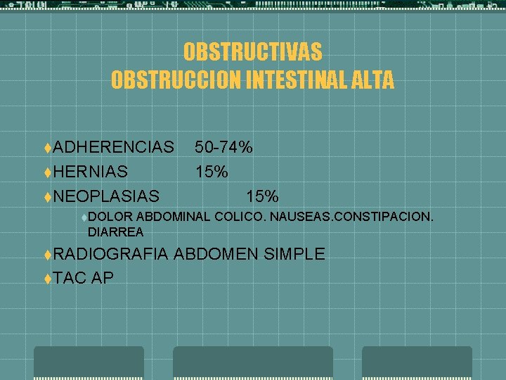 OBSTRUCTIVAS OBSTRUCCION INTESTINAL ALTA t. ADHERENCIAS t. HERNIAS 50 -74% 15% t. NEOPLASIAS t.