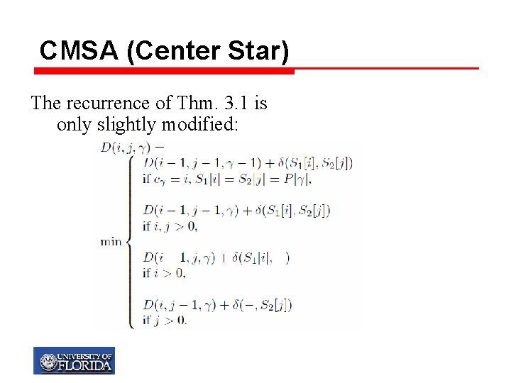 CMSA (Center Star) The recurrence of Thm. 3. 1 is only slightly modified: 