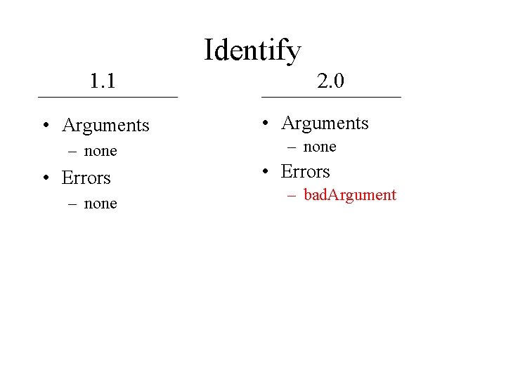 Identify 1. 1 2. 0 • Arguments – none • Errors – bad. Argument