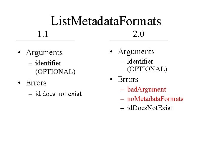 List. Metadata. Formats 1. 1 • Arguments – identifier (OPTIONAL) • Errors – id