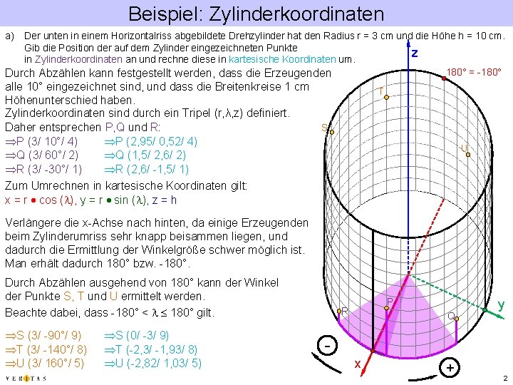 Beispiel: Zylinderkoordinaten a) Der unten in einem Horizontalriss abgebildete Drehzylinder hat den Radius r