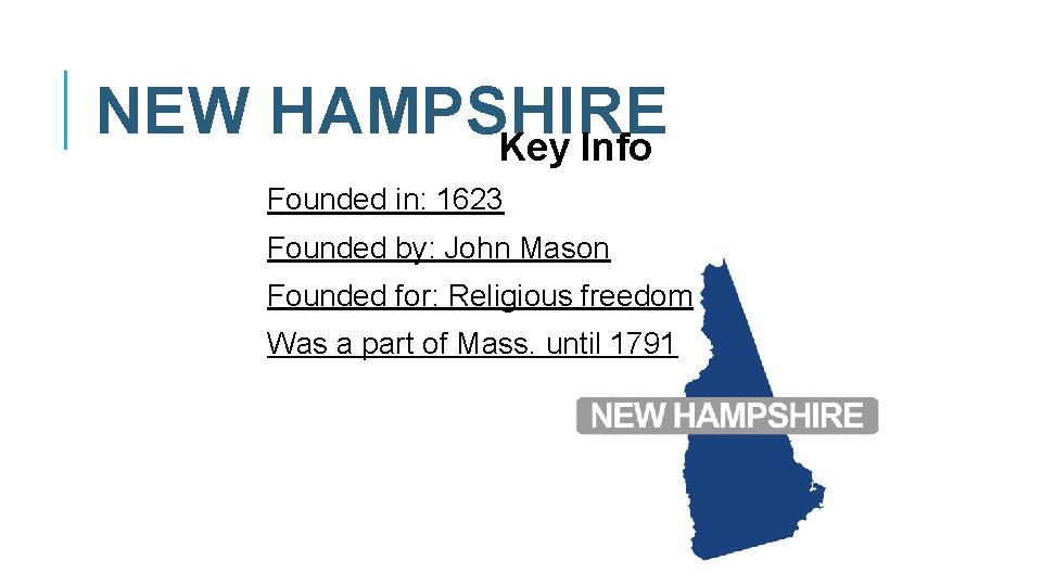 NEW HAMPSHIRE Key Info Founded in: 1623 Founded by: John Mason Founded for: Religious