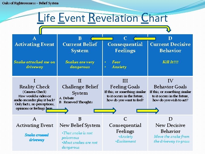 Oaks of Righteousness – Belief System Life Event Revelation Chart A Activating Event B