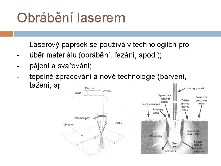 Obrábění laserem - Laserový paprsek se používá v technologiích pro: úběr materiálu (obrábění, řezání,