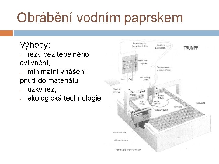 Obrábění vodním paprskem Výhody: řezy bez tepelného ovlivnění, - minimální vnášení pnutí do materiálu,