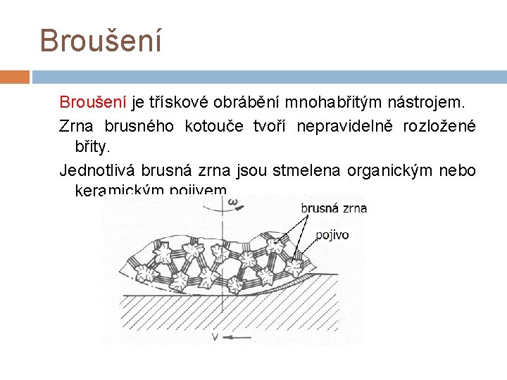 Broušení je třískové obrábění mnohabřitým nástrojem. Zrna brusného kotouče tvoří nepravidelně rozložené břity. Jednotlivá