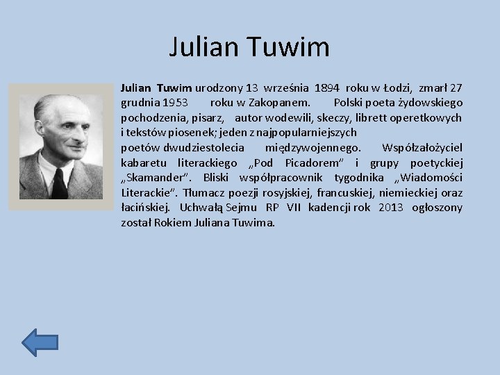 Julian Tuwim urodzony 13 września 1894 roku w Łodzi, zmarł 27 grudnia 1953 roku