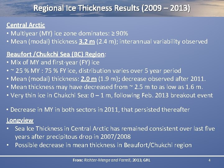 Regional Ice Thickness Results (2009 – 2013) Central Arctic • Multiyear (MY) ice zone