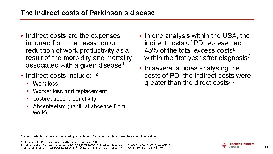 The indirect costs of Parkinson’s disease • Indirect costs are the expenses incurred from