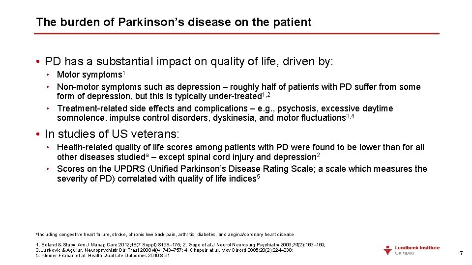 The burden of Parkinson’s disease on the patient • PD has a substantial impact