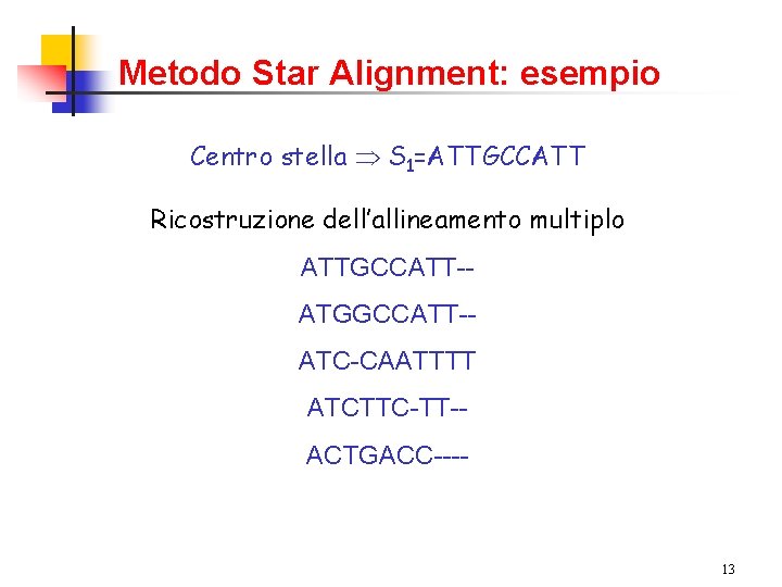 Metodo Star Alignment: esempio Centro stella S 1=ATTGCCATT Ricostruzione dell’allineamento multiplo ATTGCCATT-ATGGCCATT-ATC-CAATTTT ATCTTC-TT-ACTGACC---- 13
