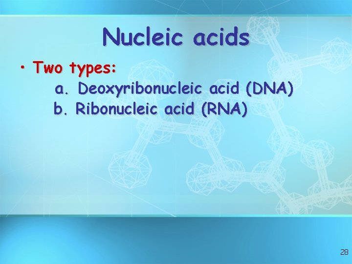 Nucleic acids • Two types: a. Deoxyribonucleic acid (DNA) b. Ribonucleic acid (RNA) 28