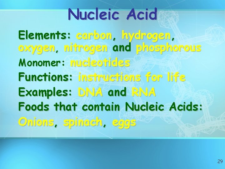 Nucleic Acid Elements: carbon, hydrogen, oxygen, nitrogen and phosphorous Monomer: nucleotides Functions: instructions for