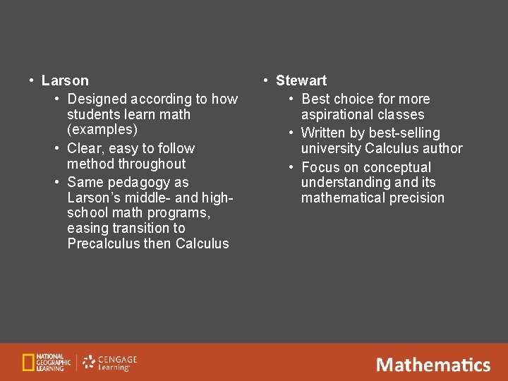  • Larson • Designed according to how students learn math (examples) • Clear,