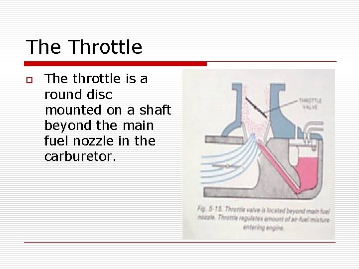 The Throttle o The throttle is a round disc mounted on a shaft beyond