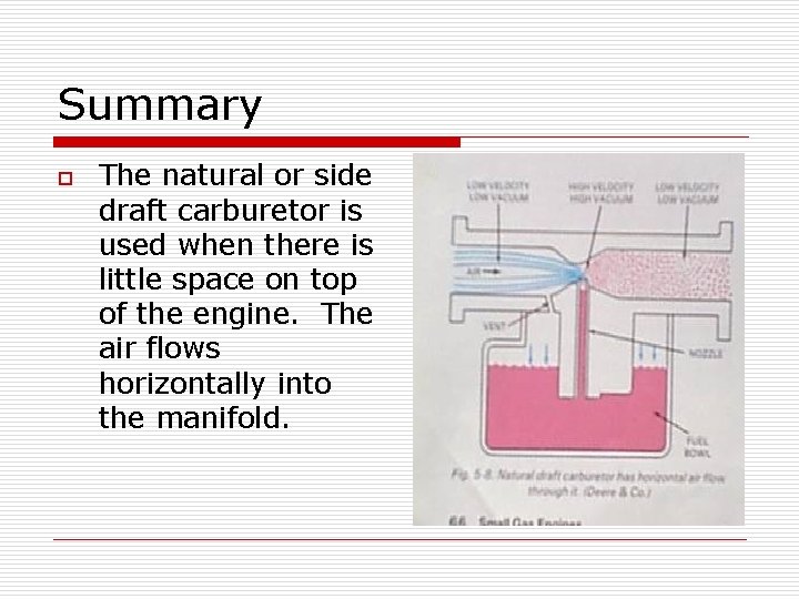 Summary o The natural or side draft carburetor is used when there is little