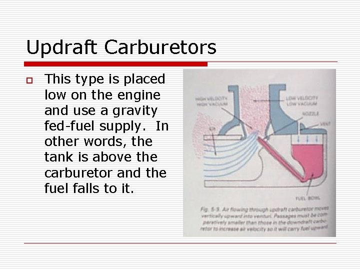 Updraft Carburetors o This type is placed low on the engine and use a