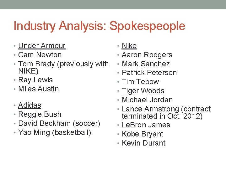 Industry Analysis: Spokespeople • Under Armour • Nike • Cam Newton • Aaron Rodgers