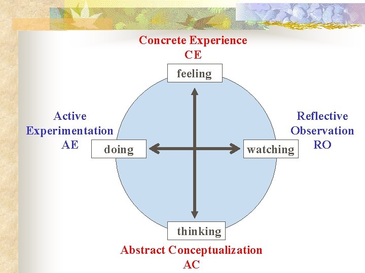 Concrete Experience CE feeling Active Experimentation AE doing Reflective Observation RO watching thinking Abstract