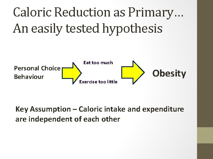 Caloric Reduction as Primary… An easily tested hypothesis Personal Choice Behaviour Eat too much