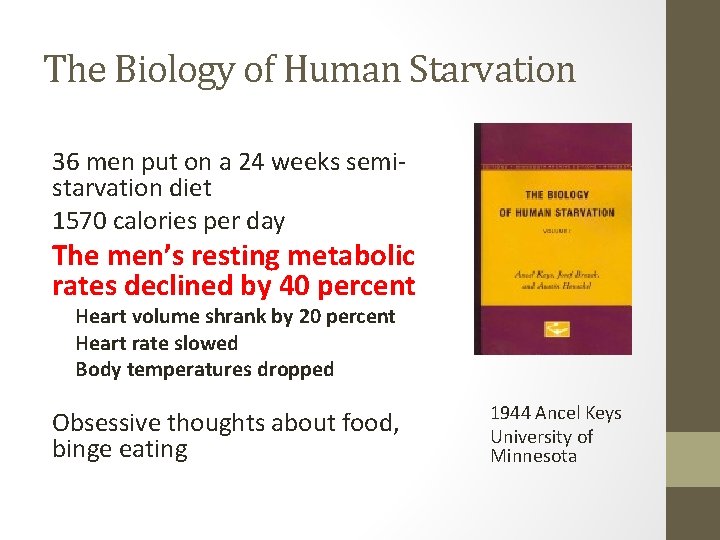 The Biology of Human Starvation 36 men put on a 24 weeks semistarvation diet