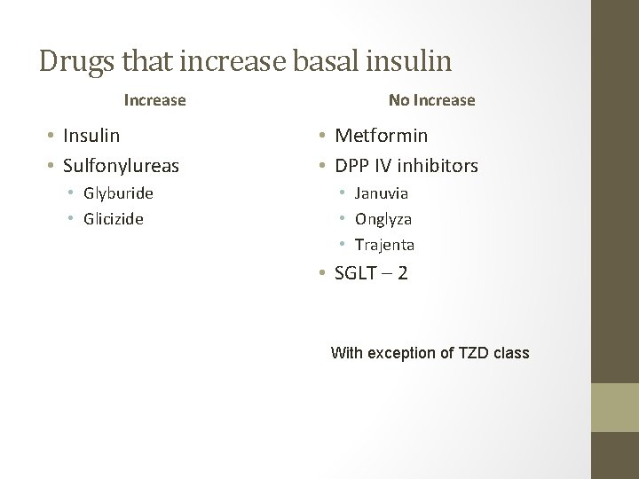 Drugs that increase basal insulin Increase • Insulin • Sulfonylureas • Glyburide • Glicizide