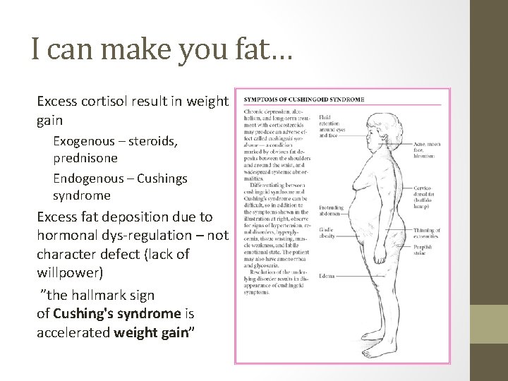 I can make you fat… Excess cortisol result in weight gain Exogenous – steroids,