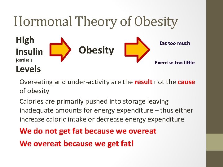 Hormonal Theory of Obesity High Insulin (cortisol) Levels Eat too much Obesity Exercise too